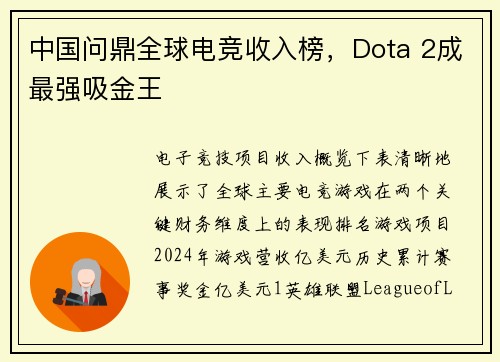 中国问鼎全球电竞收入榜，Dota 2成最强吸金王